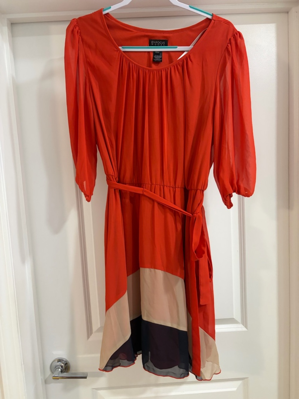 Enfocus Studio Orange Colorblock Tie-Waist Mini Dress